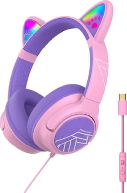 PowerLocus Bobo – USB-C Kinder Koptelefoon met Draad - Koptelefoon voor kinderen - Veilig volume van 85dB en 94dB - Katten Oortjes - Led Verlichting - Met microfoon – Stickers – Paars/Roze — thumbnail 1