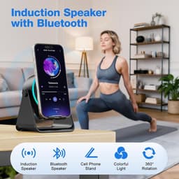 Draadloze inductie Bluetooth luidspreker 5-in-1, 360° draaibare telefoonhouder en sfeerverlichting in diverse kleuren, geschikt voor iPhone, iPad, Android en tablets, perfect verjaardagscadeau voor mannen en vrouwen（zwart） — thumbnail 2