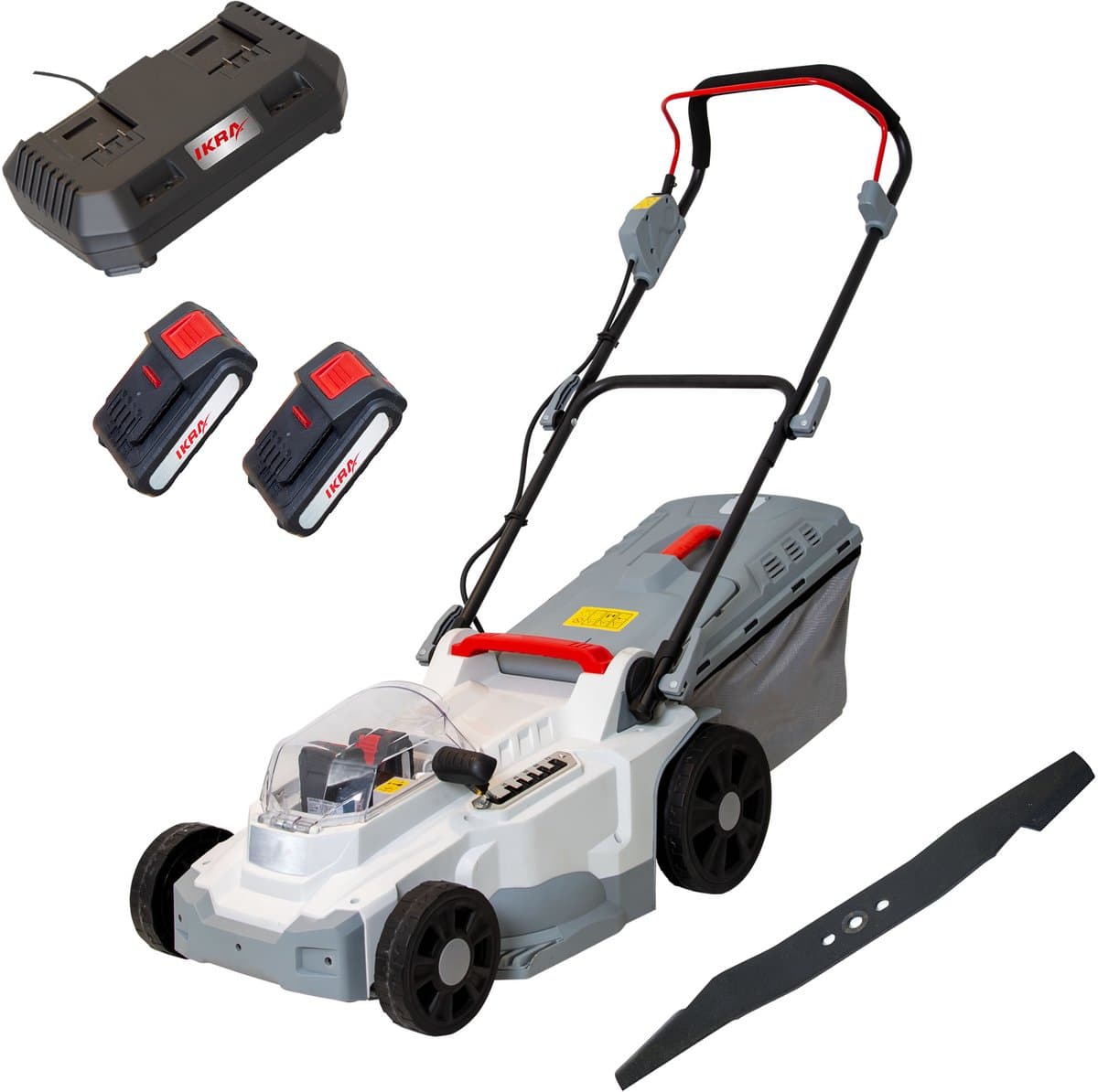 IKRA accu-grasmaaier ICM 2/2037 met mulch-functie, inclusief twee 20 V accu’s, dubbele snel-lader en reservemessen — afbeelding 1
