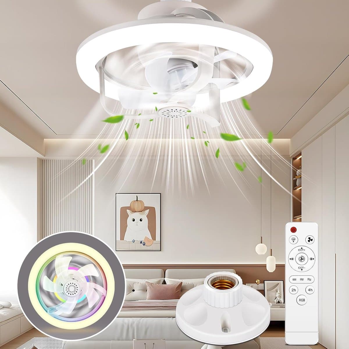 Plafond Ventilator met Verlichting en RGB - Ventilator Lamp Plafond - Stille Plafondlamp - E27 Fitting - 16 Kleuren - Timer - 3 Windsnelheden — afbeelding 1