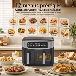 10L Heteluchtfriteuse met Dubbele Mand 6L+4L, Kijkvenster Airfryer, Micro-Stoomfunctie, 12 Programma’s, LED-Touchscreen, 50-230°C, 2600W, Olievrij, Zwart — thumbnail 4