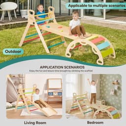 Bean 5-in-1 Montessori klimdriehoek met klimboog en glijbaan (M) | houten driehoek voor peuters vanaf 2-5, indoor klimspeelgoed, regenboog met handvat — thumbnail 3