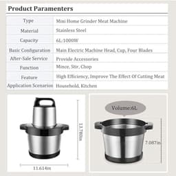 Keukenmachine - Vleesmolen Hakmolen - Voedsel Bereiden - Dubbele Snelheid Stand - 6 Liter - Zilver — thumbnail 4