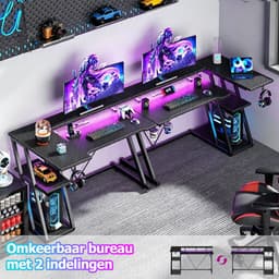 Gaming Bureau met LED Verlichting - 100L x 88H x 65B cm - L-Vormig Hoekbureau met Stopcontact - Met USB en Type-C-poort - Met Bekerhouder & IJzeren Haak - Gaming Desk - Computer Tafel - Gaming Tafel met Monitorstandaard - 3 Laags Opbergrekken - Zwart — thumbnail 3