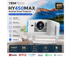 Yemtech® Mini Projector – Thuisbioskoop Projector – Mini Beamer – HY450max – 800 ANSI Lumen – Full HD 1080P – 8K Ondersteuning – Android 14 – WiFi 6 – Bluetooth 5.4