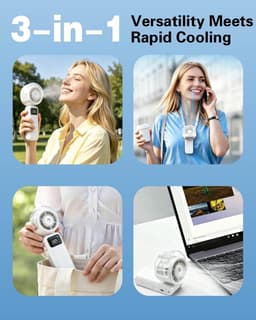 Handventilator met nevel - 65,5 × 54 × 175 mm - Draagbaar - 3600 mAh - Oplaadbaar - 5 windsnelheden - Opvouwbaar - Ideaal voor buitenactiviteiten, reizen, strand, kamperen, golfen - Wit — thumbnail 3