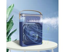 Draagbare USB-miniairco-ventilator voor op het bureau met vernevelaar, aromadiffuser, luchtbevochtiger, timer, automatische uitschakeling, draaifunctie, 7-kleuren-led en stille werking – Voor thuisgebruik - blauw