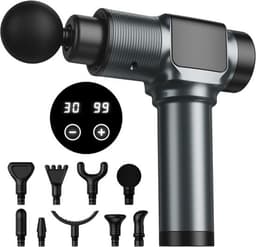 Massagepistool, massagepistool voor diepe weefselmassage voor pijnverlichting, percussieve spiermassagepistool voor atleten, draagbare elektrische rugmassager met 30 snelheidsniveaus en 9 massagekoppen (grijs) — thumbnail 1