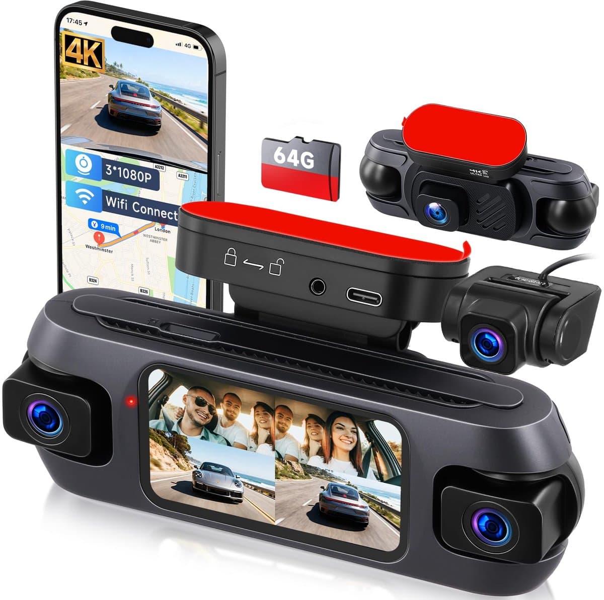 SnelShoppen - 4K Dashcam Auto met Wifi, 4-Kanaals GPS, Nachtzicht, G-sensor, Parkeermodus, Bewegingsdetectie, Achteruitrijhulp + 64G TF-kaart — afbeelding 1
