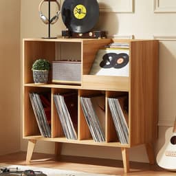 Platenspeler Stand - Platenspeler Meubel - Hout - Vinyl Opbergsysteem voor LP's - Platenkast - LP Record Holder - Display Rek voor Draaitafel, Boeken & Tijdschriften - Platenspelerstandaard - Vintage Bruin & Zwart - Audio Meubel — thumbnail 1