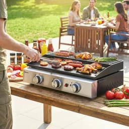 Gasgrill - Gasbarbecue met 3 Branders - Draagbare Gasbarbecue en grill - 7,5 kW - Grillwagen - Tafelgrill - met Keramische Coating, Grillrooster & Warmhoudrek - 62 x 44 x 21 cm - Zwart — thumbnail 4
