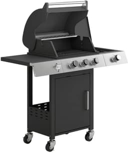 Gasbarbecue - Gasbarbecue en grill - 3+1 Branders - 10,5 kW - Grillwagen - Barbecuewagen - met Grillrooster, Wielen, Bijzettafels, Thermometer, Opvangbak en Warmhoudplaten - 109 x 50 x 109 cm - Zwart — thumbnail 3