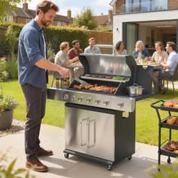 Gasbarbecue - Gasbarbecue en grill - 6+1 Branders - 18,6 kW - Grillwagen - Barbecuewagen - met Grillrooster, Wielen, Bijzettafels, Slangen, Thermometer en Warmhoudplaten - 142 x 49 x 111 cm - Zwart + Zilver — thumbnail 4