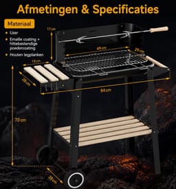 Houtskoolgrillwagen met draaispit, roestvrijstalen rooster en 5 hoogte-instellingen. Mobiele barbecue met 2 houten planken en wielen. — thumbnail 2