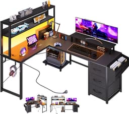 Gaming Bureau met LED Verlichting - 148x100x148 cm - L-Vormig Hoekbureau met Stopcontact - 3 Non Woven Lade - Gaming Desk - Computer Tafel - Gaming Tafel - met Opbergplanken, Tas & IJzeren Haak - Zwart - Bureau voor Gamen, Studeren en Werken — thumbnail 1