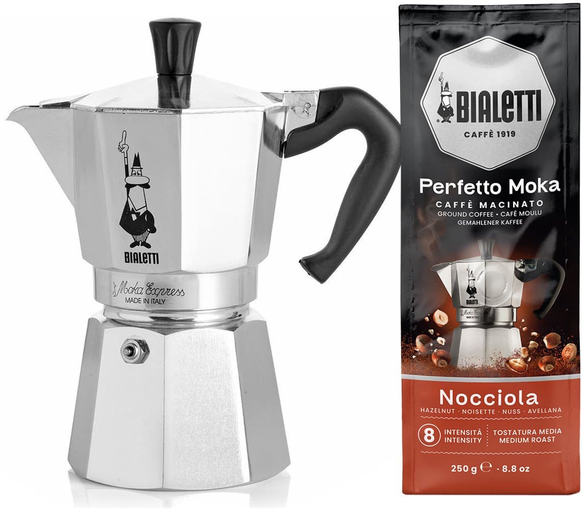 Bialetti Moka Express 2 kops + Bialetti Hazelnoot gemalen koffie 250gr — afbeelding 1