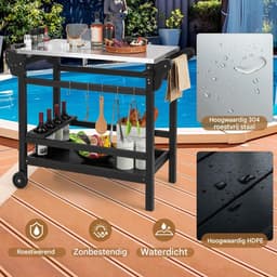Buitenkeuken op Wielen – BBQ Trolley – Met Opbergkast & Planken – Werktafel voor Buiten – Hout & Metaal – Multifunctioneel – Zwart — thumbnail 5