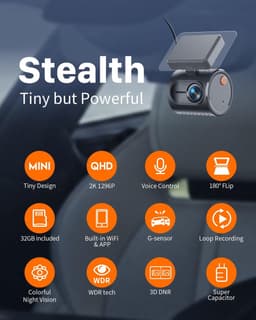 Compacte Dashcam Auto - Mini Camera - Veilig Rijden - Stem- en Appbediening - 2K QHD 1296P - Zwart — thumbnail 2