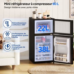 Mini koelkast met vriesvak - Tafelmodel koelkast-Vrijstaande koelkast - Glazen deur - Stille werking - 60L -Energielabel E-Kantoor en woonkamer - 42,5x44,5x87,5cm - Zwart — thumbnail 4