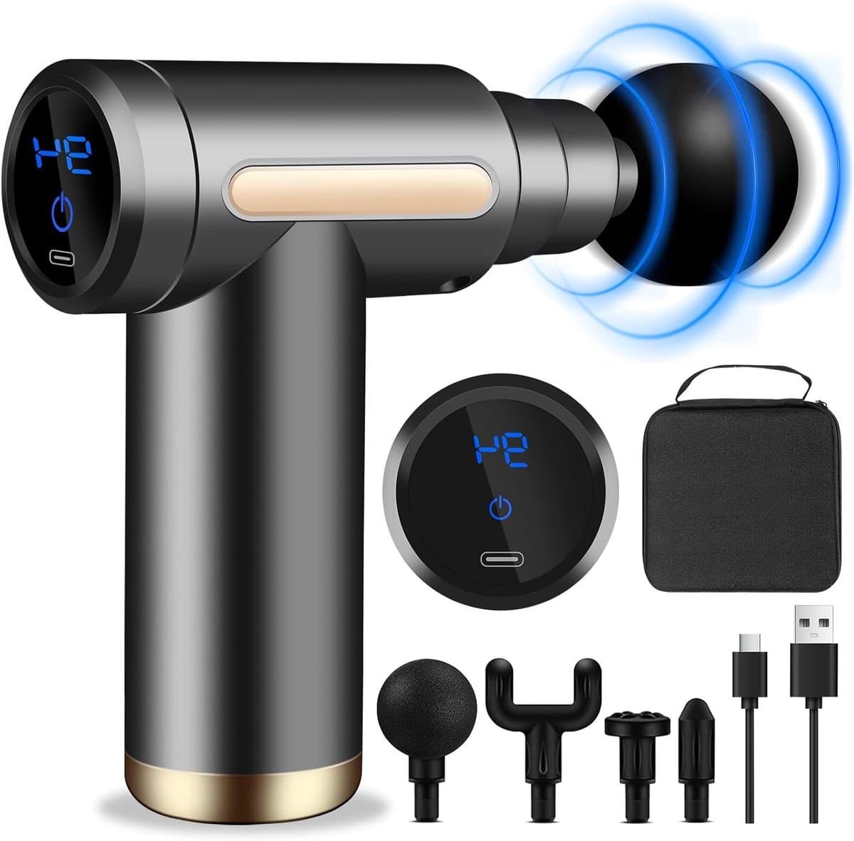 Mini Massagepistool - Spierstimulator Draagbaar - Spierherstel Bevorderen - Ultrastil Design - 4 Koppen 6 Snelheden - Zwart — afbeelding 1