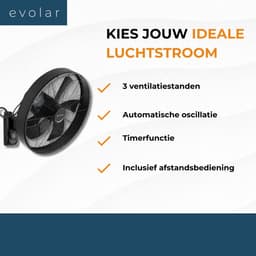 Evolar Wandventilator met Afstandsbediening - 50W - Muurventilator - Automatische Oscillatie - 3 Snelheden - Timer - Zwart - EVO-WF50B — thumbnail 3