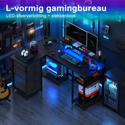 Devoko L-Vormig Gaming Bureau 135 x 50/40 x 73.5/88.5 cm – Met RGB LED-Lichtstrook – 12 mm E1 Spaanplaat – Koolstofvezel Zwart – Inclusief EU Stekkerdoos met 2 USB – Zwart — thumbnail 4