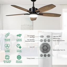 Plafondventilator met verlichting - Met Afstandsbediening - stille ventilator - 106 cm - plafondventilatoren - met 5 houten ventilatorbladen - houtnerf/zwart - voor slaapkamer en woonkamer — thumbnail 2