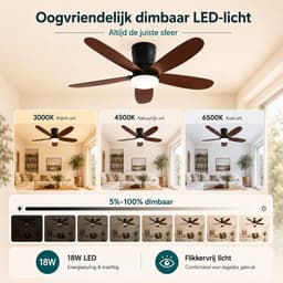 Rosnek Plafondventilator met Lamp voor Laag Plafond - Flush Mount - App & Remote - Dimbaar LED 18W - Fluisterstil - Zomer en Winter Stand - Geheugenfunctie - ⌀ 106 CM - Walnoot — thumbnail 3