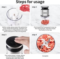 Elektrische hakmolen - Mini mixer - Keuken voorbereiding - 4 roestvrijstalen messen - 600 ml kom - Zilver — thumbnail 5