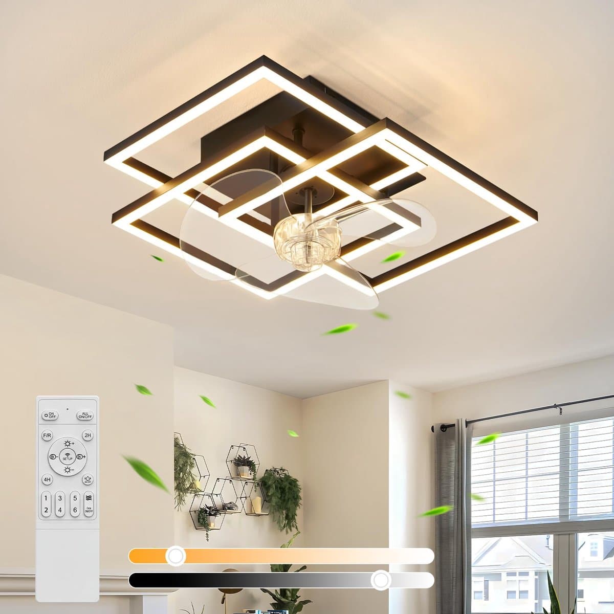 Glitzerlife - Plafond ventilator met verlichting - Modern Dimbaar Led Licht - Stille plafondventilator - 6 Snelheden Omkeerbaar - Nachtlicht Timer Geheugenfunctie - 37 Cm - Zwart — afbeelding 1