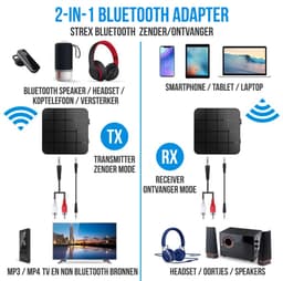 Strex Bluetooth Transmitter Receiver 2-in-1 - AUX en RCA Adapter - Draadloze Audio Zender en Ontvanger - BT 5.0 - Bluetooth Receiver — thumbnail 5