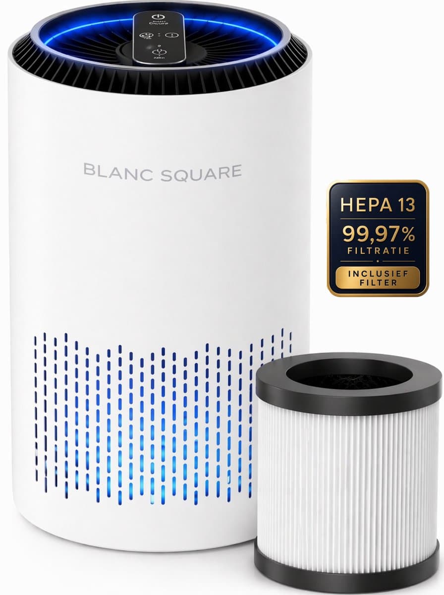 BLANC SQUARE Luchtreiniger PRO met Vervangbaar HEPA 13 + Koolstof filter - Air Purifier CADR 170m³/h 30m² - Filtert Fijnstof, Hooikoorts, Pollen en Huisstofmijtallergenen - Slaapstand - Clean Air — afbeelding 1