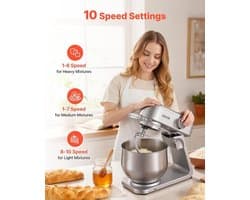 Keukenmachine – Keukenmixer – Keukenrobot – Foodprocessor – Mixer – 7,4L RVS Mengkom – 1800W Motor – 10 Snelheden – Inclusief Deeghaak, Garde En Platte Mengklopper