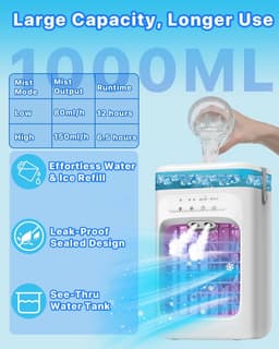 Ulisem - Draagbare airconditioner - Verdampingskoeler - 3 snelheden en 2 miststanden - 120° oscillerend - 7-kleuren nachtlampje - 2/4 uur timer - 1L tank - Type-C - Stil (35dB) - Wit — thumbnail 5