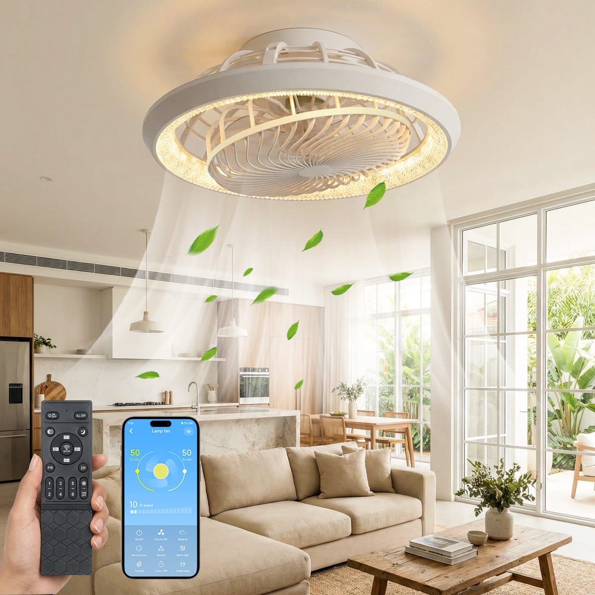 MUPOO Moderne plafondventilator met lamp 49 cm - stille LED plafondventilator met verlichting -app & afstandsbediening - dimbaar - 6 snelheden - 360° luchtcirculatie - slaapkamer woonkamer - — afbeelding 1