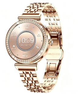 Knobbout Luxe Dames Smartwatch 1.27” Scherm met Kristallen – Bluetooth Bellen – HD Touchscreen – Hartslag, Bloeddruk & SpO₂ Monitoring – Vrouwelijke Gezondheidsfuncties – AI spraakassistent– IP68 Waterdicht – Rosé goud stalen horlogeband — thumbnail 1