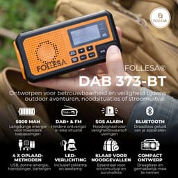 FOLLESA® DAB-373BT Noodradio - Solar Powerbank - 5000mAh - DAB+/FM - Met waterdicht zakje - Noodradio - Opwindbare Survivalradio - Bluetooth & Digitale Wekker - Ideaal voor Noodpakket. — thumbnail 3
