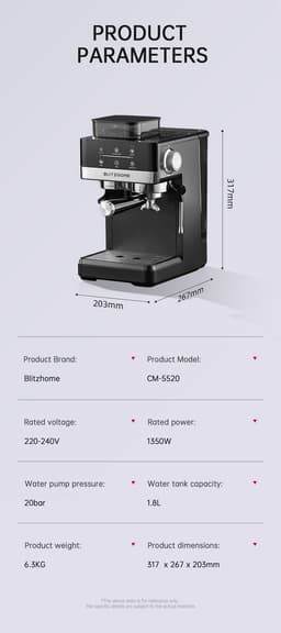 BlitzHome CM5520 Espressomachine met Ingebouwde Koffiemolen, 20 Bar, 1350W, Touchscreen, Voorverwarmingsindicator & 1,8L Watertank – Zwart | Volwaardige Espresso in — thumbnail 4