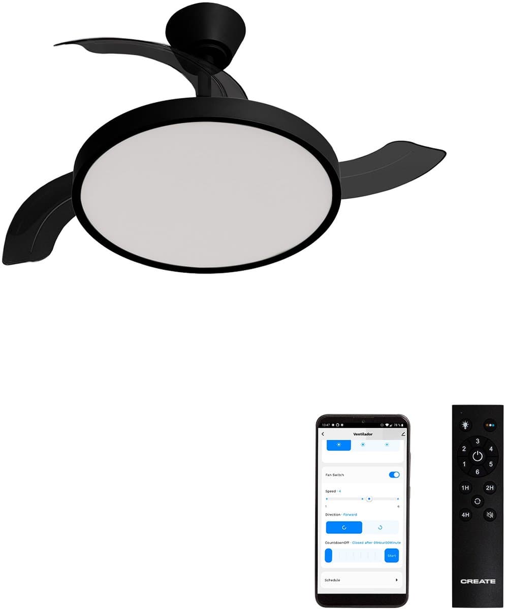CREATE - Plafondventilator 40W stil met intrekbare bladen met licht - Ø91cm - Zwart - WIFI + fstandsbediening - WIND CLEAR STUDIO — afbeelding 1