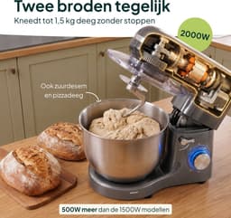 Vivid Green 2000W Keukenrobot - 6.2L - Mixer met Mengkom - Keukenmachine - Keukenmixer - Grijs — thumbnail 4