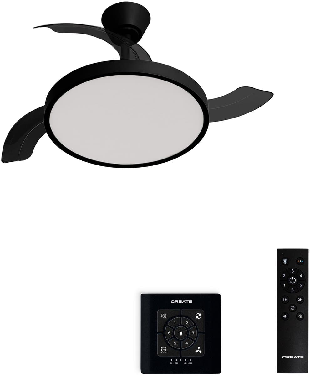 CREATE - Plafondventilator 40W stil met intrekbare bladen met licht - Ø91cm - Zwart - Controller voor wandmontage + afstandsbediening - WIND CLEAR STUDIO — afbeelding 1