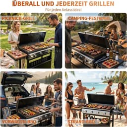 Gasbarbecue met 4 branders en een vermogen van 32.000 BTU – barbecuewagen met een vlakke bakplaat van 3086 cm² – draagbare barbecue die zowel vrijstaand als op tafel kan worden gebruikt – weerbestendige kap – roestvrijstalen branders — thumbnail 3