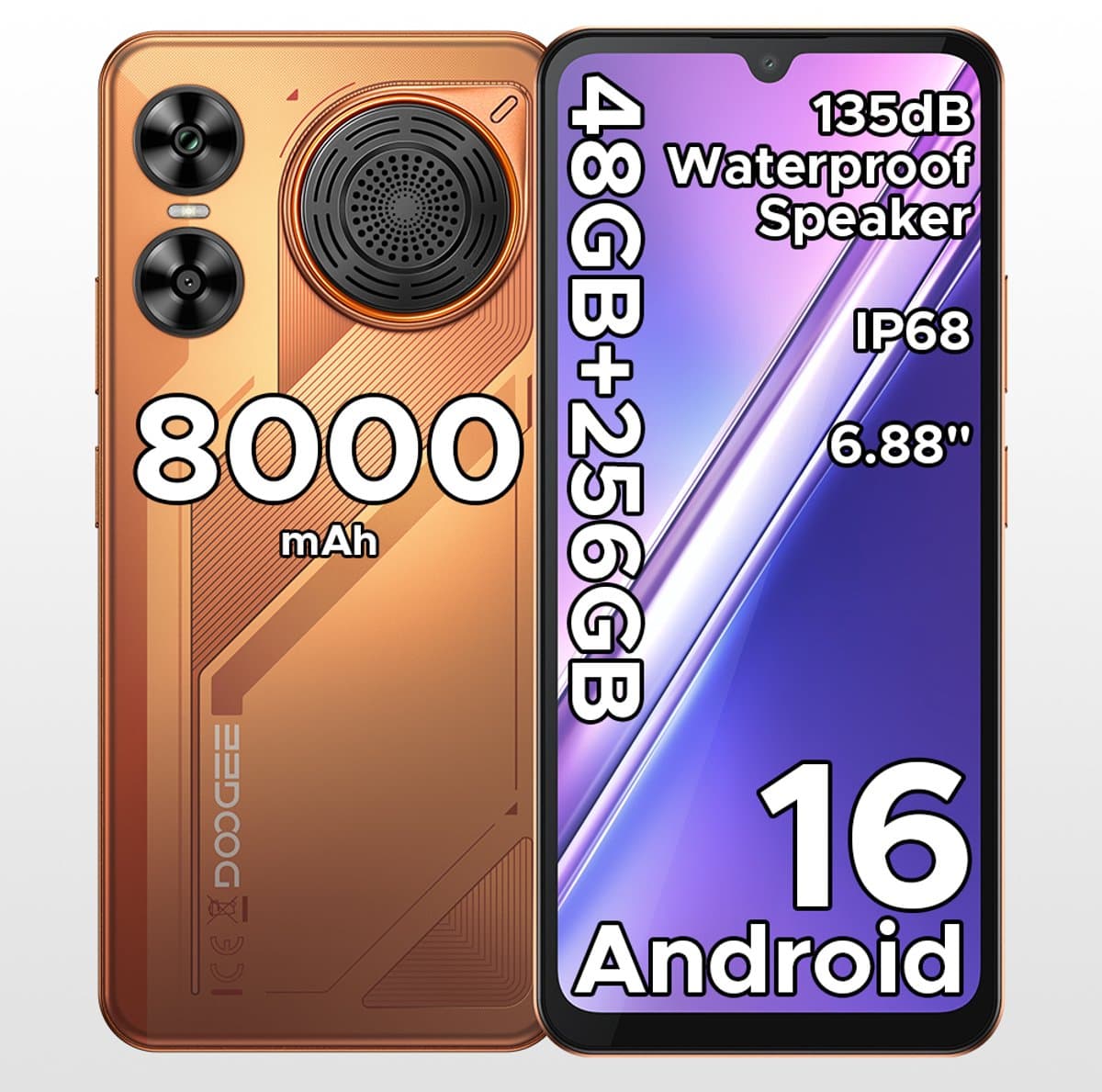 Robuuste smartphone - DOOGEE M30 - Telefoon 2026 - 6,88" 120Hz - 48GB RAM - 256GB ROM - 8000 mAh - Android 16 - IP68 waterdicht - 135dB spreker - GPS,NFC,OTG,FM - Oranje — afbeelding 1