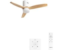 CREATE - Plafondventilator 40W silent 100% hout (Ø132cm) (ruimtes 10m²-25m²) - Wit / Licht hout - Met licht - Controller voor wandmontage + afstandsbediening - WIND CALM NATURAL WOOD