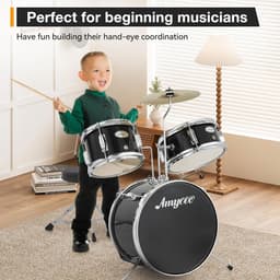 Compleet 3-Delig Kinder Drumstel - Zwart - Inclusief Krukje, Pedaal en Drumstokken - Voor Beginners — thumbnail 2