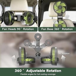 LISM - USB-ventilator voor de achterbank; dubbele ventilator voor de airconditioning in de auto; 360° draaibare hoofdsteunventilator; krachtige draagbare ventilator met drie snelheidsstanden. — thumbnail 5