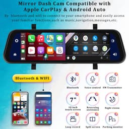 Achteruitkijkspiegel-dashcam - met draadloze Apple CarPlay- en Android Auto-functionaliteit - 9,66 inch - 4K-resolutie - IPS-touchscreen - dual-screen dashcam - Bluetooth + AHD-achteruitrijcamera - wifi - inclusief 64 GB SD-kaart — thumbnail 4