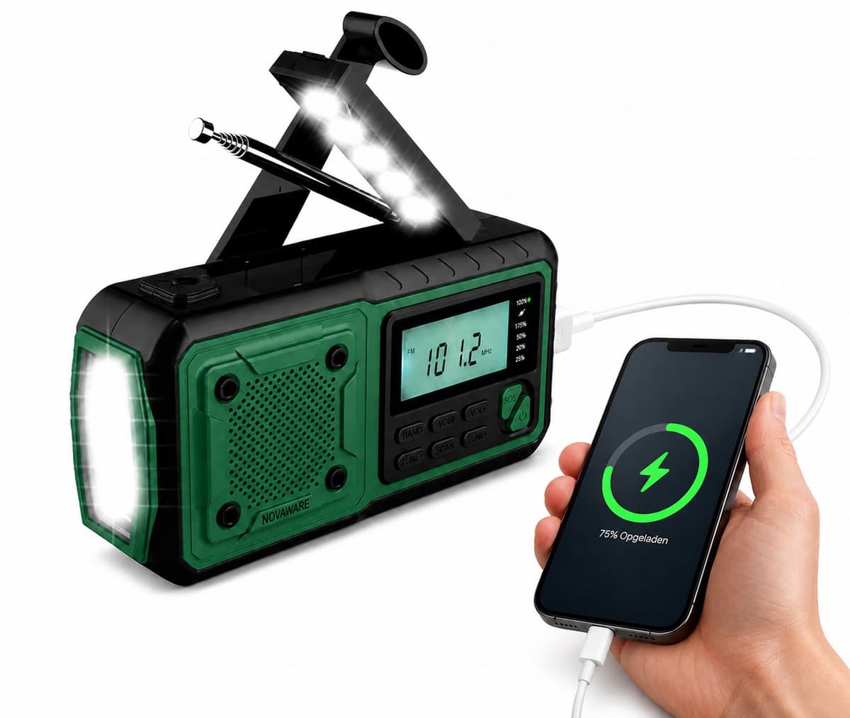 NovaWare® Noodradio Solar Opwindbaar 4400mAh Powerbank – Draagbare Radio FM/AM – Zonne-energie & Handslinger – Zaklamp SOS Alarm – Noodpakket Radio op Batterijen – Outdoor Survival Camping Emergency Radio – Groen — afbeelding 1