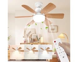 Plafondventilator met geïntegreerde verlichting, afstandsbediening, 51 cm, slaapkamerkroonluchter, houtnerfafwerking, drie snelheden, traploze helderheids- en kleurtemperatuurregeling voor slaapkamers, balkons, gangen en woonkamers [Energieklasse A]