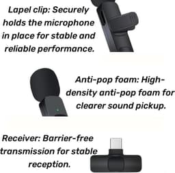 Draadloze Plug & Play-clipmicrofoon geschikt voor de telefoon - Mini-microfoon met ruisonderdrukking geschikt voor video-opnames, vloggen, podcasts en ASMR (roze, USB-C, met haren) — thumbnail 5